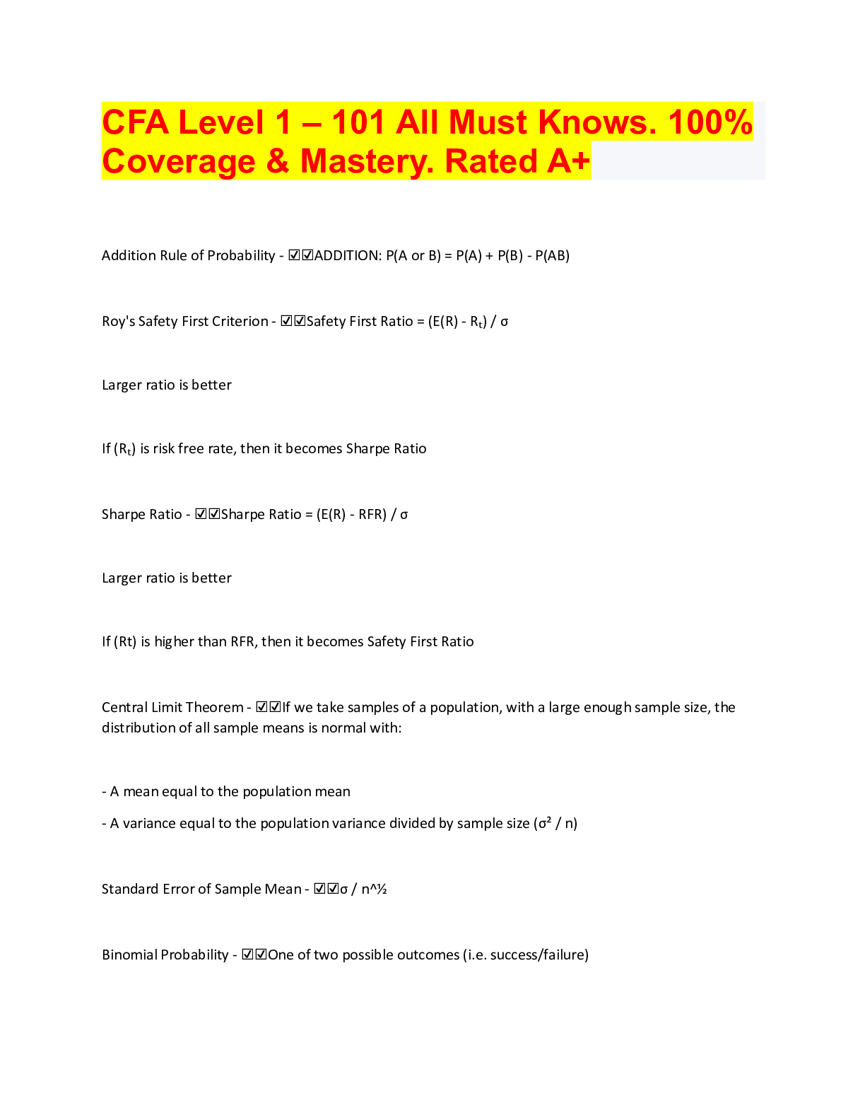 CFA Level 1 101 All Must Knows. 100 Coverage & Mastery. Rated A+